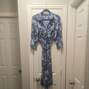 Roaman's Blue and White Wrap Dress with Notched Collar